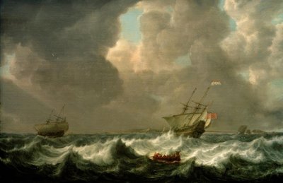 Nederlandse handelsschepen op stormachtige zee voor een fort door Simon de Vlieger